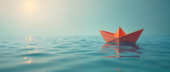 Origami paper boat floating on calm ocean under soft sunlight