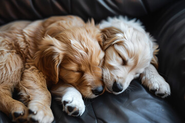 Wall Mural - a dog is sleeping on a leather couch