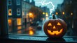 © keetazalay - A spooky Halloween pumpkin with a mischievous grin sits on a windowsill overlooking a rain-soaked street, with lightning flashing in the distance