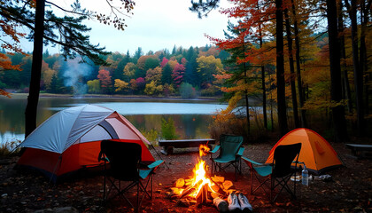 Wall Mural - A camping scene in an autumn forest, with a tent, a campfire, and camping chairs set up near a lake or pond. The trees in the background have vibrant fall foliage colors