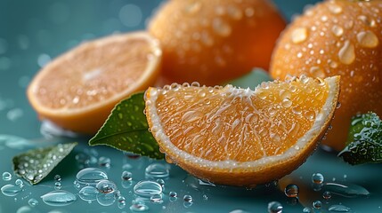 Wall Mural - Fresh oranges with water drops on blue background.