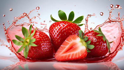 Wall Mural - Firefly Fresh ripe strawberry, slices cut and strawberry juice splash wave