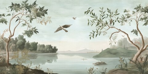 Wall Mural - wallpaper jungle and leaves tropical forest birds old drawing vintage