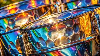 Vibrant close-up of a polished steel drum's intricate textured surface, shimmering in bright light, highlighting the instrument's unique rhythmic patterns and Caribbean cultural heritage.