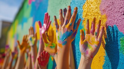 mural with children's painted hands raised in teamwork during community project