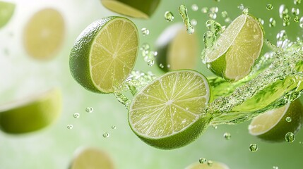 Wall Mural - Lime Slices Splashing in Water on Green Background