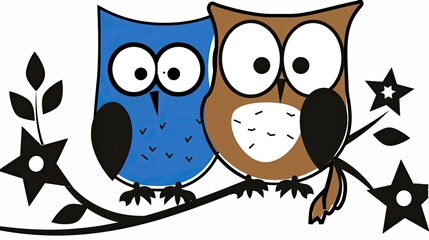 Poster - Two cute owls sitting on a branch