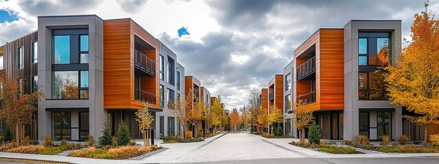 Wall Mural - Contemporary townhomes, modern architecture, geometric shapes, mixed materials like wood and concrete, large windows, outdoor terraces, urban residential complex, fall foliage, landscaped courtyard