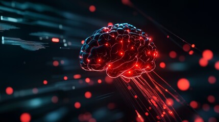 Canvas Print - A 3D  of a human brain with glowing red nodes, symbolizing  artificial intelligence, neural networks, data processing, and the future of technology.