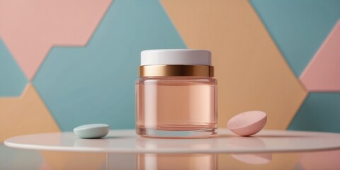 Wall Mural - Cosmetic jar on pastel geometric shapes background.