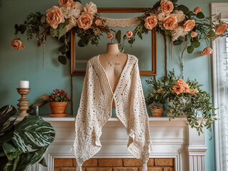 Wall Mural - A white crocheted shawl is displayed on a mantle in front of a green plant