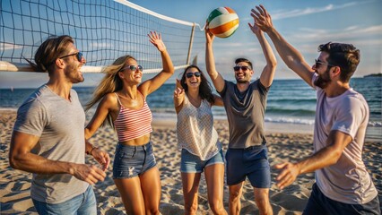 Poster - group young friends playing volleyball