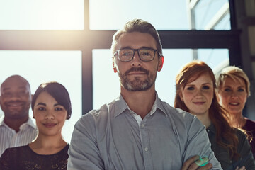 Poster - Leadership, management and portrait of business people in office together for collaboration. Confidence, diversity and face of employee team in professional workplace for company mission or vision