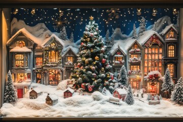 A Christmas Village Display with a Snowy Landscape and a Decorated Tree