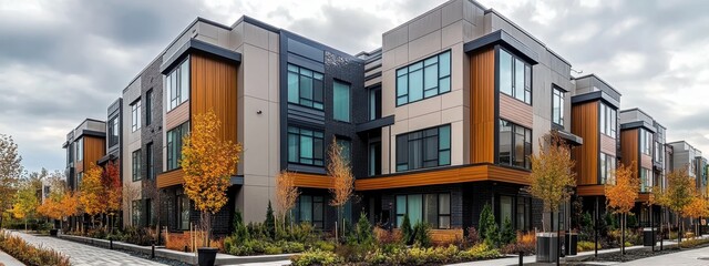 Wall Mural - Contemporary townhomes, modern architecture, geometric shapes, mixed materials like wood and concrete, large windows, outdoor terraces, urban residential complex, fall foliage, landscaped courtyard