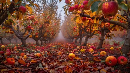 An orchard with apple trees, their leaves turning gold and red, on a foggy autumn morning. The ground is covered with fallen fruit and leaves.