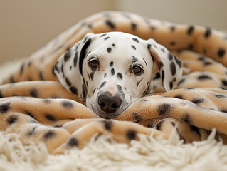 Wall Mural - A dog is laying on a blanket with a black and white pattern. The dog has a black nose and is looking at the camera