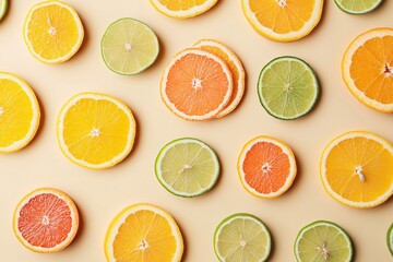 Wall Mural - Citrus Slices Pattern on Beige Background