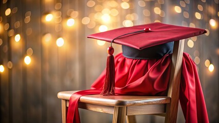 Vibrant red graduation cap and gown draped over a chair, symbolizing academic achievement and success, against a blurred background with subtle lighting.