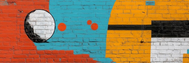 Sticker - A colorful abstract mural on a brick wall with red, blue, yellow, black and white paint.  The mural includes circles, a black shape, and a painted brick pattern.