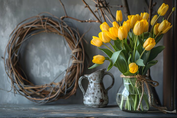 Poster - bouquet of yellow tulips in a vase