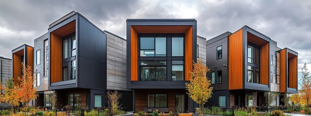 Wall Mural - Contemporary townhomes, modern architecture, geometric shapes, mixed materials like wood and concrete, large windows, outdoor terraces, urban residential complex, fall foliage, landscaped courtyard