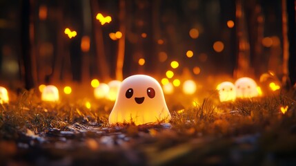 Canvas Print - A cute ghost with a happy face glows brightly in a magical forest setting with twinkling lights, symbolizing Halloween spirit, fantasy, joy, warmth and enchantment.