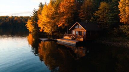 Sticker - A cozy log cabin nestled on the edge of a serene lake, surrounded by vibrant autumn foliage. The calm water reflects the colorful trees and the setting sun, creating a peaceful atmosphere.