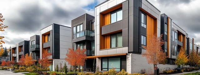 Wall Mural - Contemporary townhomes, modern architecture, geometric shapes, mixed materials like wood and concrete, large windows, outdoor terraces, urban residential complex, fall foliage, landscaped courtyard