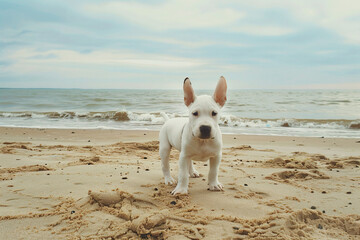 Wall Mural - a white dog standing on top of a sandy beach