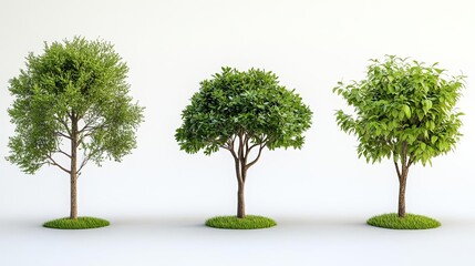 Four distinct trees featuring green leaves and different forms and sizes, set against a white background The image highlights hyperrealism with no shadows on the ground