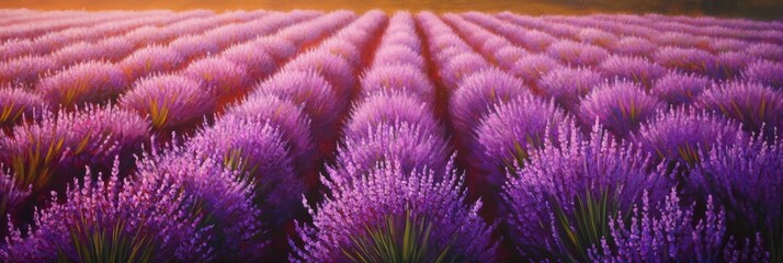 Canvas Print - A field of purple lavender blooms in a picturesque setting, with the sun setting behind the flowers, creating a warm and inviting atmosphere. The rows of lavender create a sense of peace and tranquili