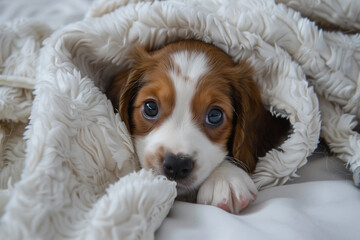 Wall Mural - a puppy is hiding under a blanket on a bed