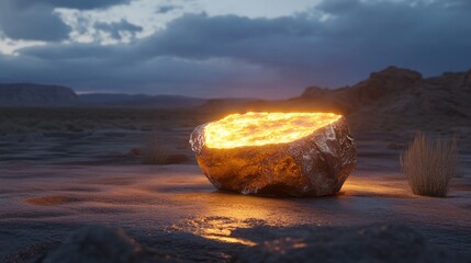 Wall Mural - A glowing rock in the middle of a desert landscape, representing hope, inner light, and resilience.  The rock is split open, revealing a glowing orange core that illuminates the surrounding area.