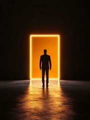 Poster - A man in a suit stands in a dark room, facing a glowing doorway. The light from the doorway casts a soft glow on the floor, creating a sense of hope and opportunity. The image symbolizes ambition, pot