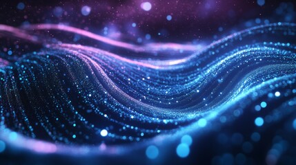 Leinwandbilder - Abstract digital background featuring a blend of glowing lines and dots in a futuristic design, with deep blues and purples creating a high-tech ambiance.