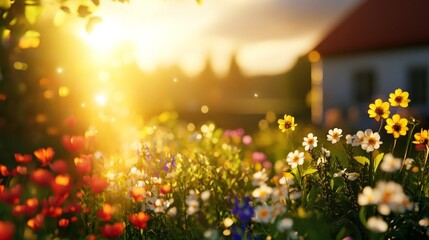 Sticker - A mesmerizing landscape of a garden bursting with colorful wildflowers bathed in the warm glow of a golden sunset. The image evokes a sense of tranquility, beauty, and the joy of nature.