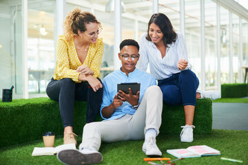 Poster - Tablet, creative and team of business people in discussion, brainstorming or planning at startup meeting. Tech, happy group or conversation with project manager for research, advice or relax on grass