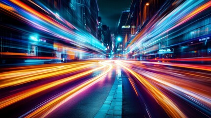 Poster - Abstract image of blurred street lights and moving car lights, creating colorful trails and a dynamic sense of motion in a city street at night.