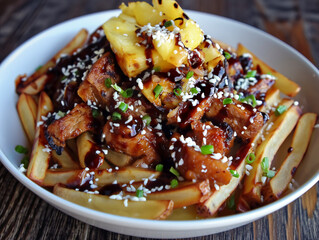 Wall Mural - A plate of food with a lot of sauce and meat on top of it. The sauce is brown and the meat is brown as well