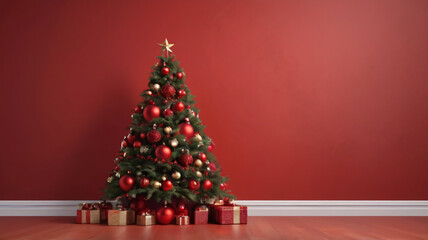 
red christmas background design with 3d illustration of fir tree with christmas decorations and empty space for text