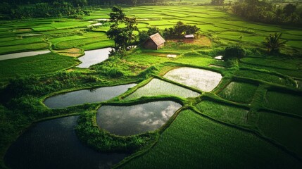 Poster - Aerial view of a lush green rice field during the rainy season, with water-filled paddies reflecting the sky. A small farmer's hut is visible in the distance.