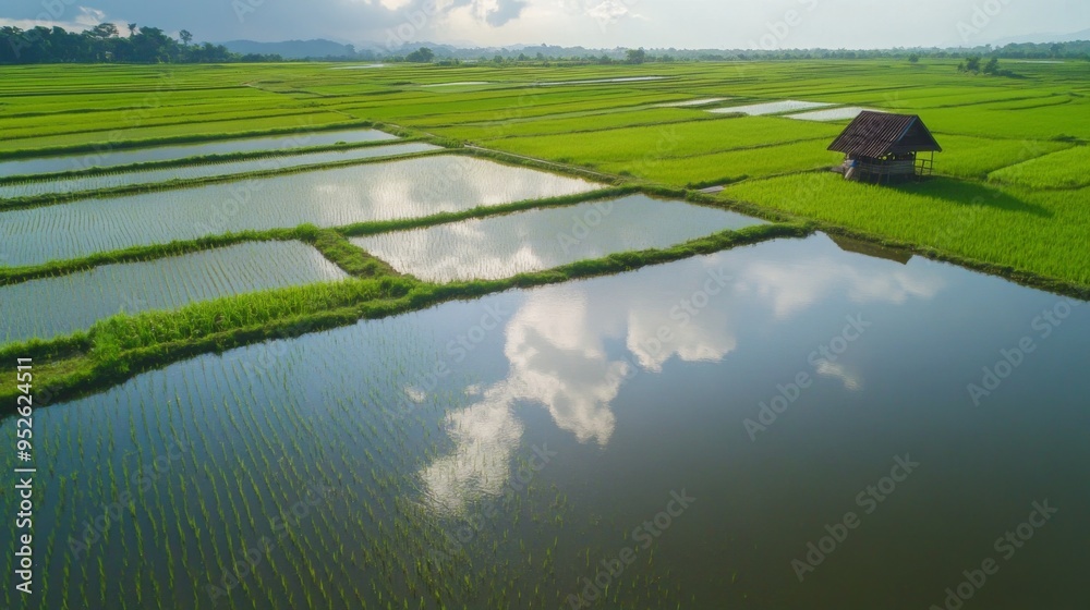 Aerial view of a lush green rice field during the rainy season, with ...