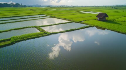Poster - Aerial view of a lush green rice field during the rainy season, with water-filled paddies reflecting the sky. A small farmer's hut is visible in the distance.