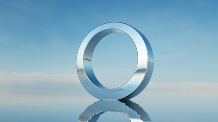 A reflective silver ring symbol stands on a water surface against a blue sky with clouds, symbolizing a new beginning, possibilities, eternity, and the cycle of life.