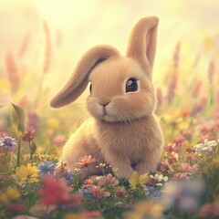 Wall Mural - A cute bunny rabbit sits in a field of colorful flowers, with the sun shining on its fur.