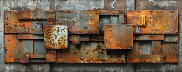 Wall Mural - Abstract rusty metal art on a wall, showcasing a combination of geometric patterns, texture, and industrial decay.