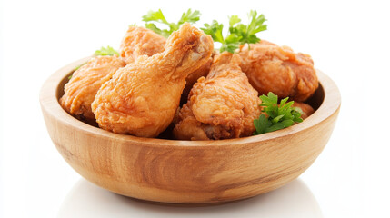 Wall Mural - A bucket of crispy fried chicken placed on a wooden board, isolated against a white background. The chicken is golden brown, with a crunchy, seasoned coating. The bucket is classic in design, possibly