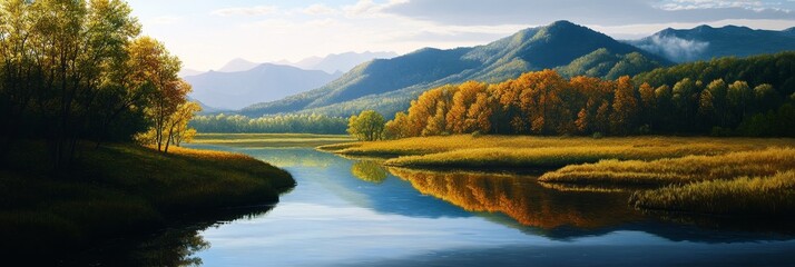 Sticker - A serene landscape with a calm river flowing through a mountain valley, surrounded by colorful autumn trees and a tranquil sky.