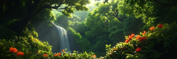 Poster - A serene waterfall cascades through a vibrant rainforest, sunlight filtering through the dense foliage, illuminating the lush greenery and blooming flowers below.